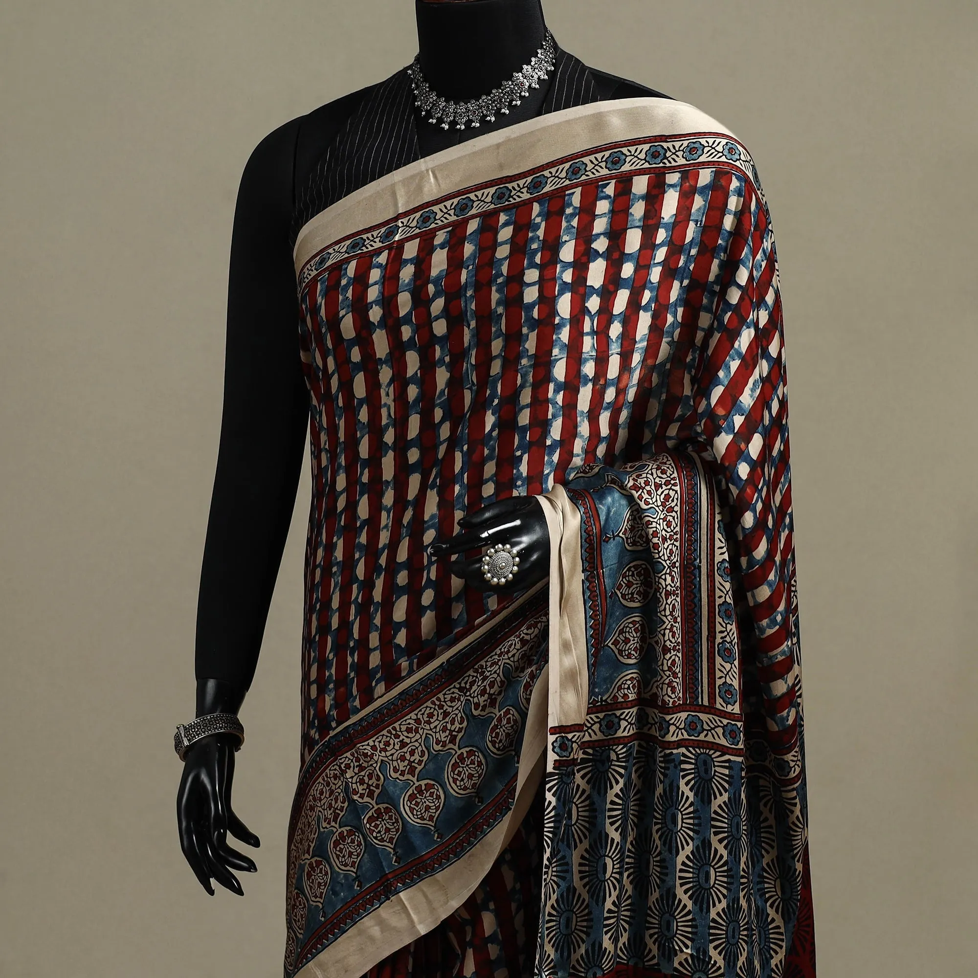Multicolor - Natural Dyed Hand Block Print Modal Silk Ajrakh Saree with Tassels 15 sold by Itokri product image thumbnail 2