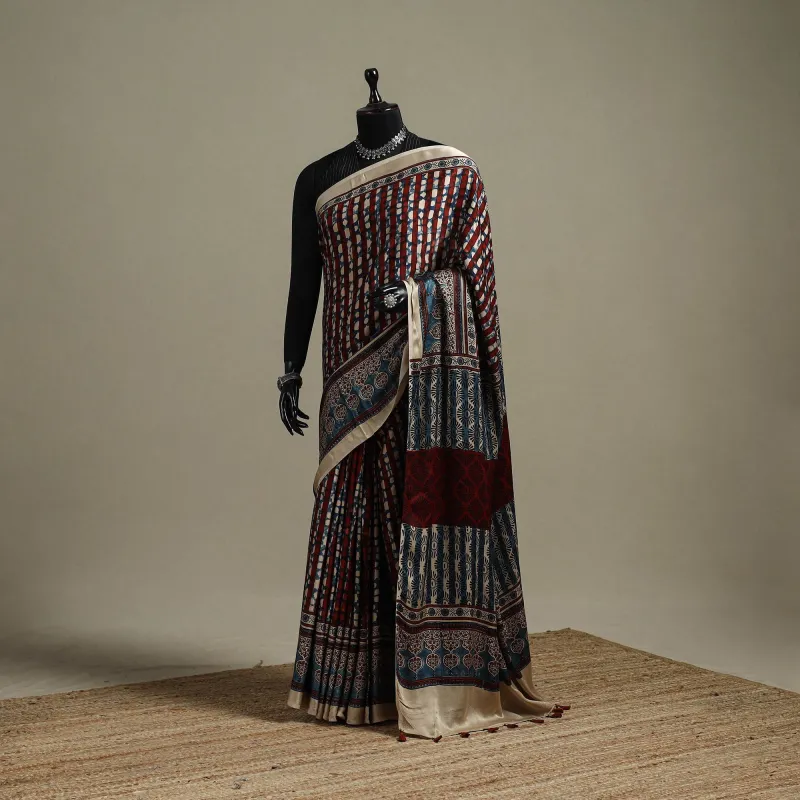 Multicolor - Natural Dyed Hand Block Print Modal Silk Ajrakh Saree with Tassels 15 sold by Itokri