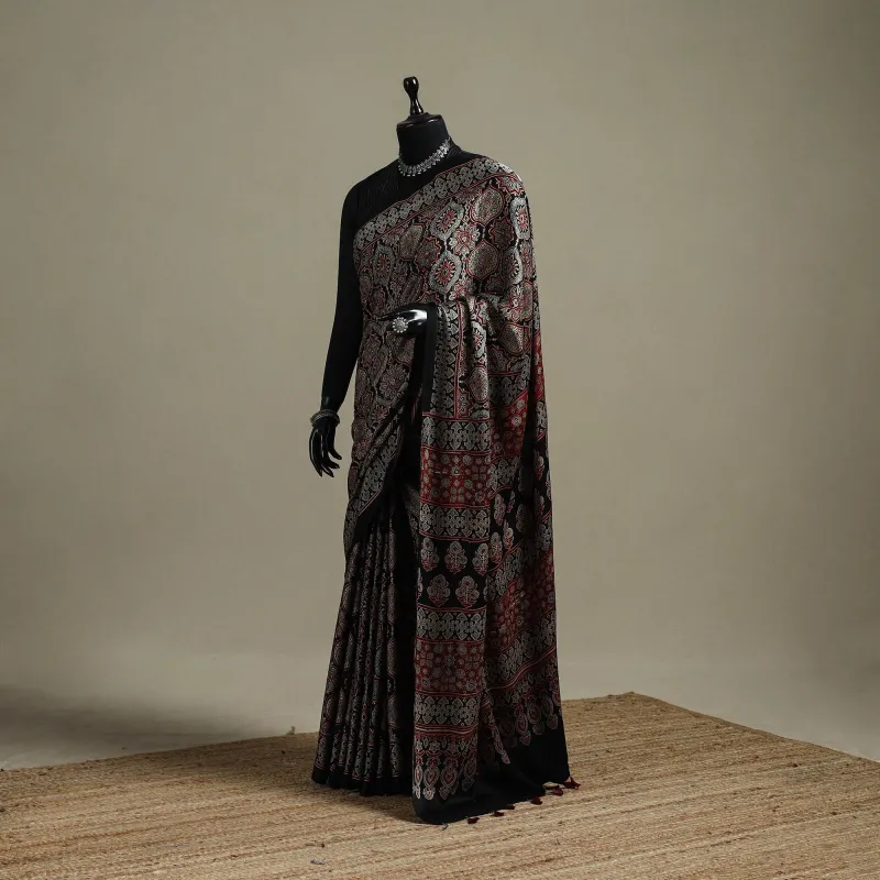 Black - Natural Dyed Hand Block Print Modal Silk Ajrakh Saree with Tassels 10 made by Itokri