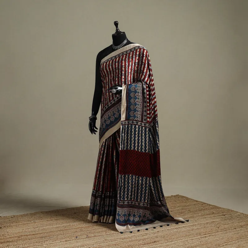 Multicolor - Natural Dyed Hand Block Print Modal Silk Ajrakh Saree with Tassels 11 sold by Itokri