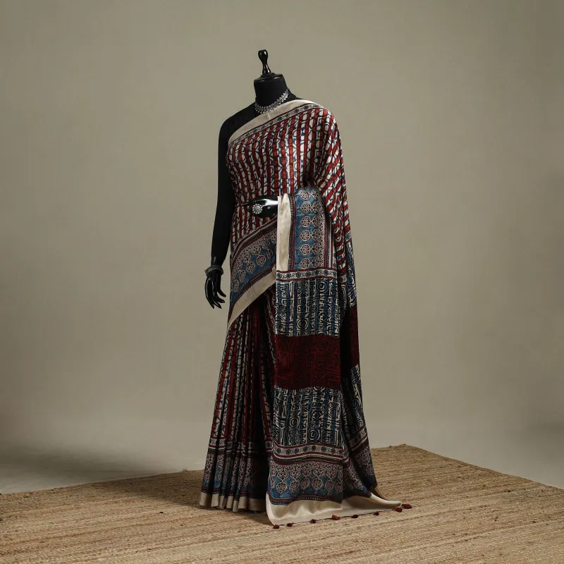 Multicolor - Natural Dyed Hand Block Print Modal Silk Ajrakh Saree with Tassels 12 sold by Itokri
