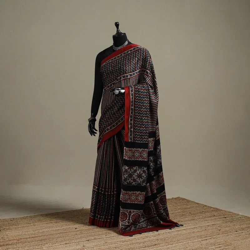 Multicolor - Natural Dyed Hand Block Print Modal Silk Ajrakh Saree with Tassels 13 sold by Itokri