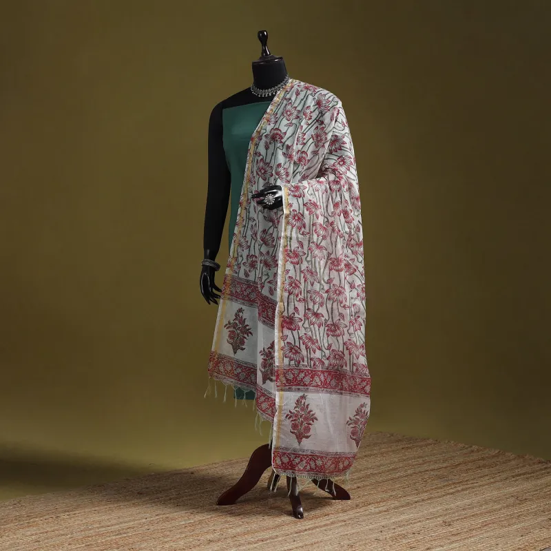 Pink - Hand Block Print Chanderi Silk Sanganeri Floral Dupatta 57 made by Itokri