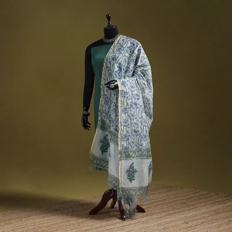 Blue - Hand Block Print Chanderi Silk Sanganeri Floral Dupatta 51 made by Itokri