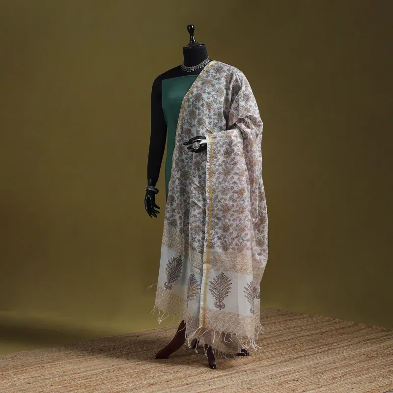 Brown - Hand Block Print Chanderi Silk Sanganeri Floral Dupatta 42 made by Itokri