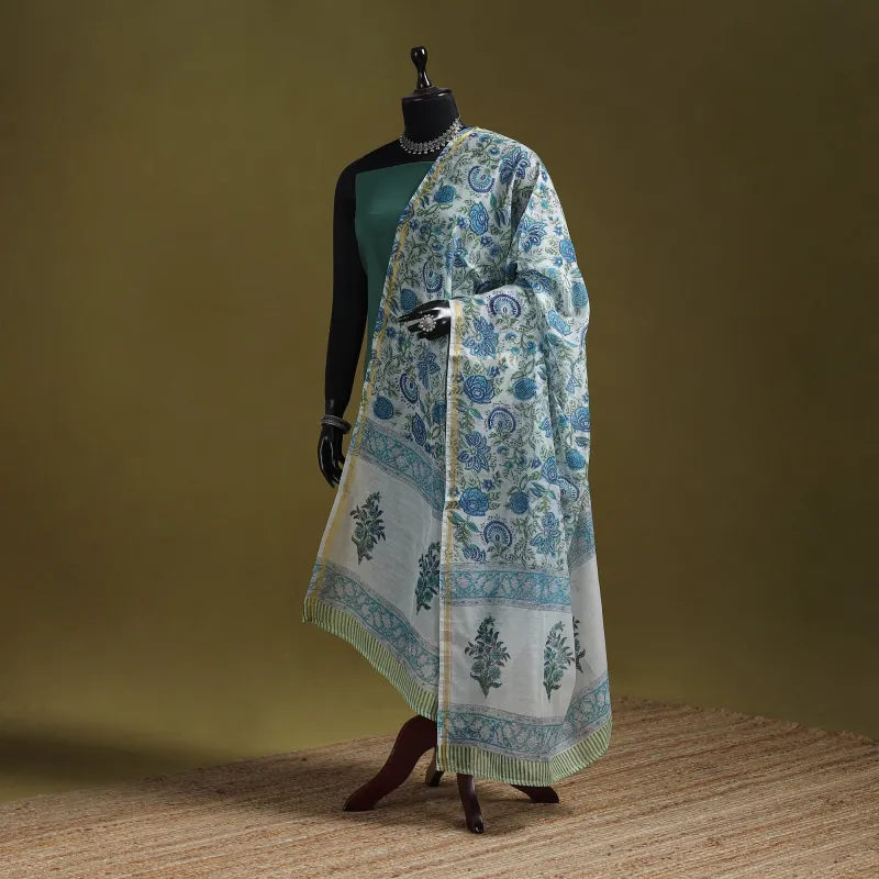 Blue - Hand Block Print Chanderi Silk Sanganeri Floral Dupatta 40 made by Itokri