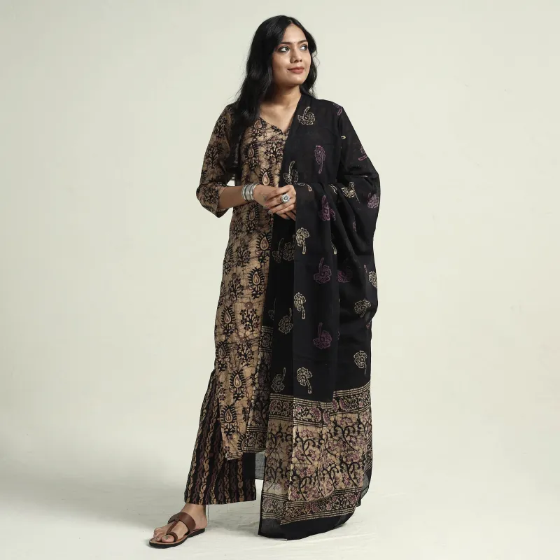 Brown - Hand Batik Printed Cotton Kurta with Palazzo & Dupatta Set sold by Itokri