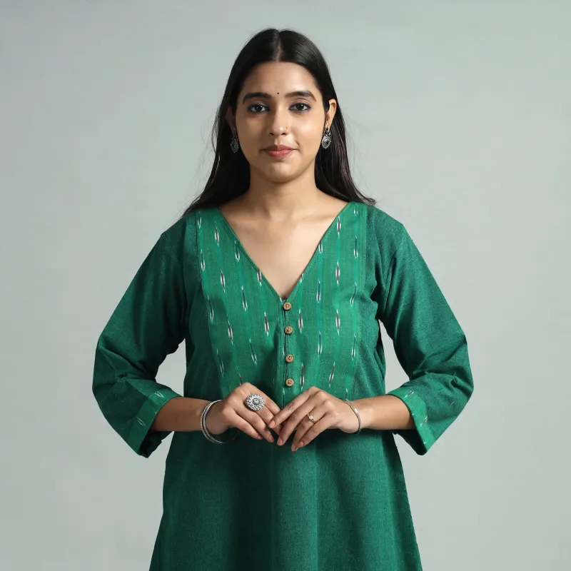 Green - Jhiri Handloom Cotton Ikat Patchwork A-Line Long Kurta sold by Itokri