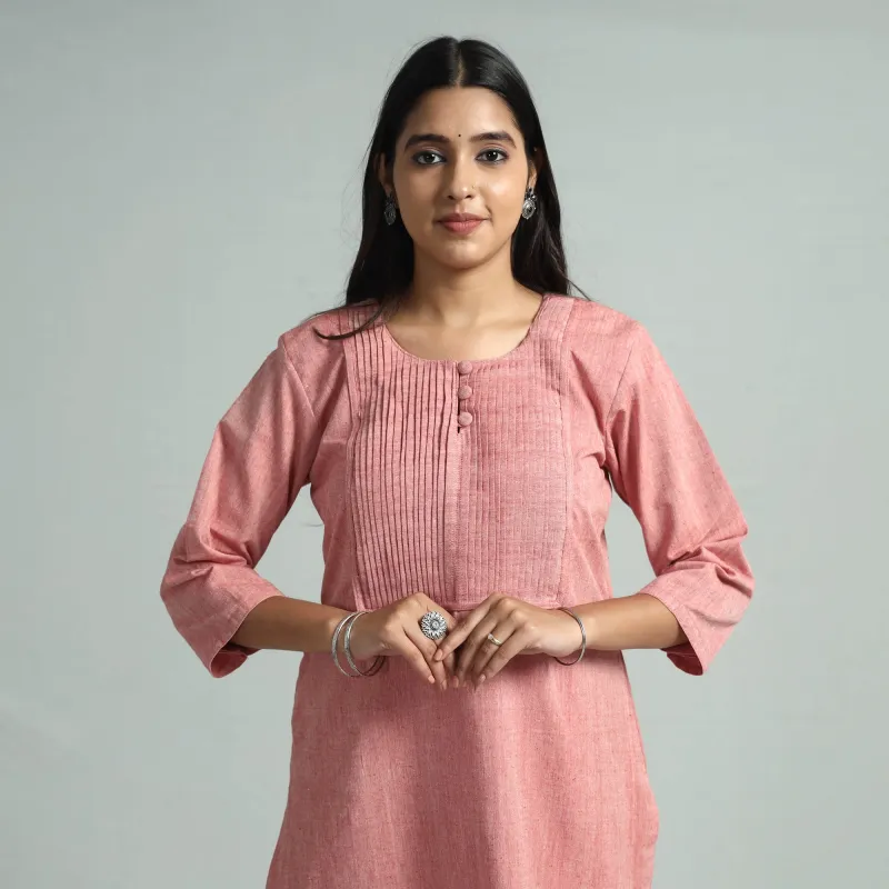 Pink - Light Coral - Jhiri Handloom Cotton Pintuck Long Straight Kurta sold by Itokri