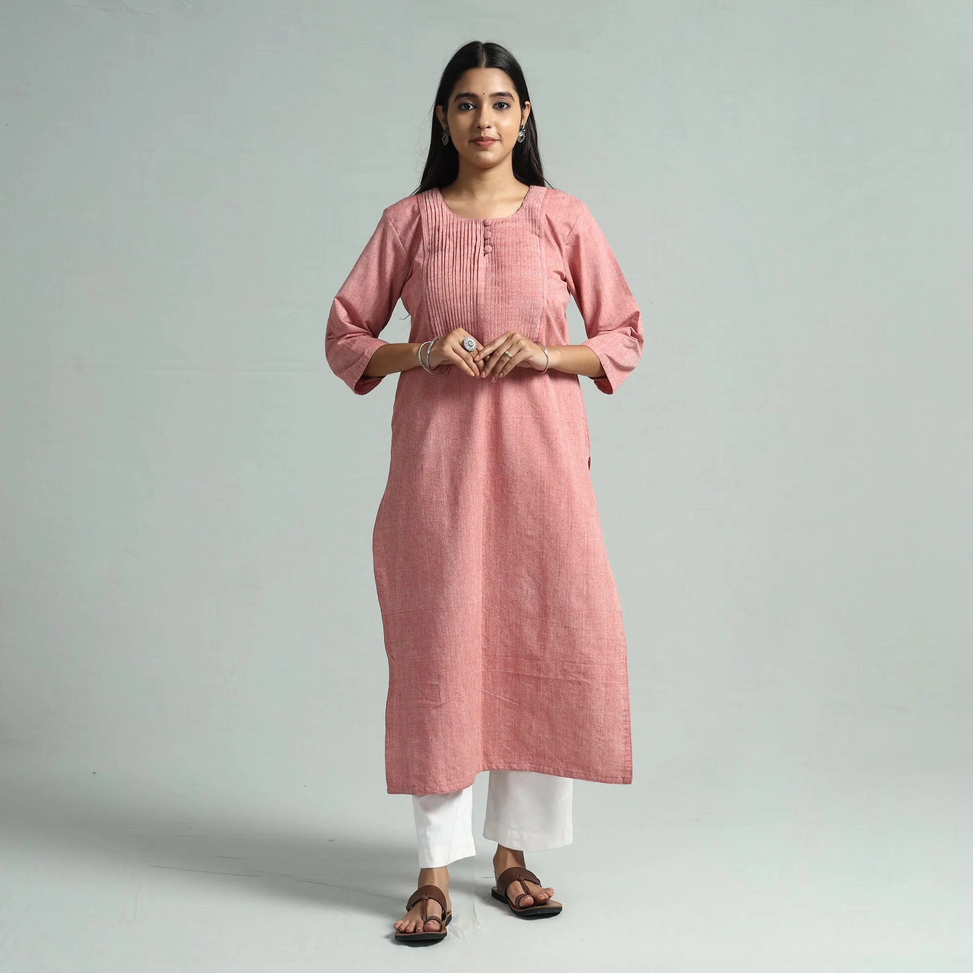 Pink - Light Coral - Jhiri Handloom Cotton Pintuck Long Straight Kurta sold by Itokri product image thumbnail 2