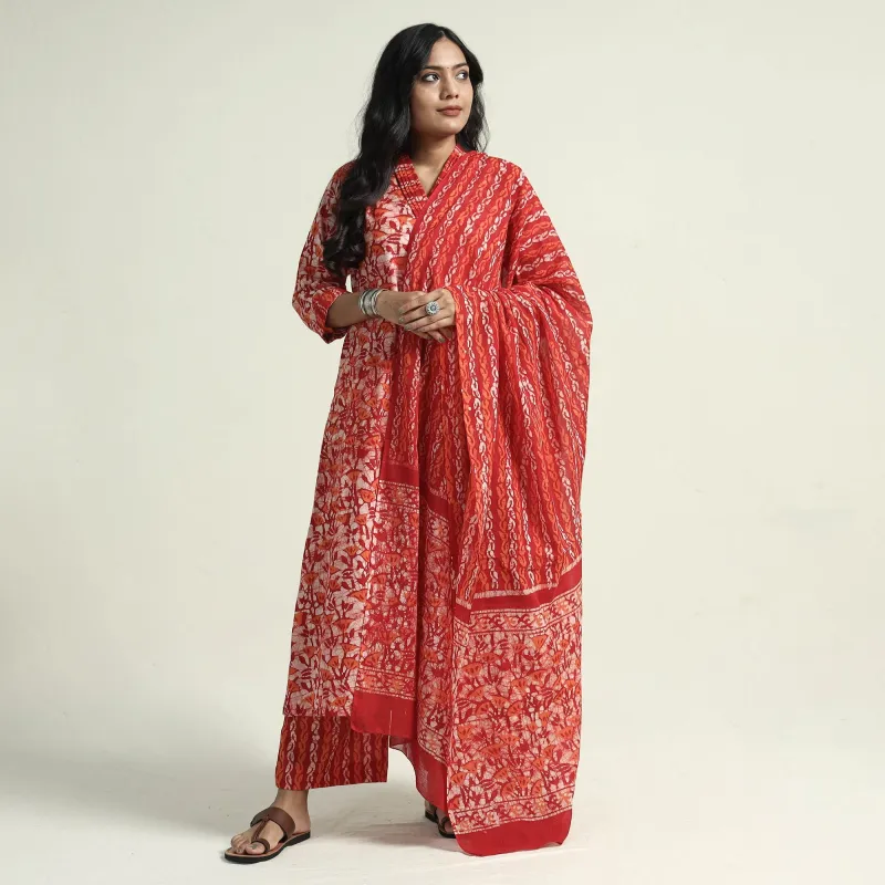 Red - Hand Batik Printed Cotton Kurta with Palazzo & Dupatta Set sold by Itokri