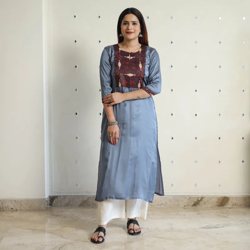 Blue - Modal Silk Plain Long Straight Kurta 36 made by Itokri