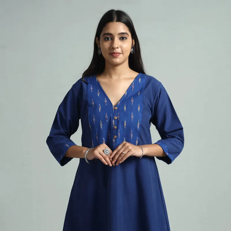 Dark Blue Jhiri Handloom Cotton Ikat Patchwork Long Kurta sold by Itokri
