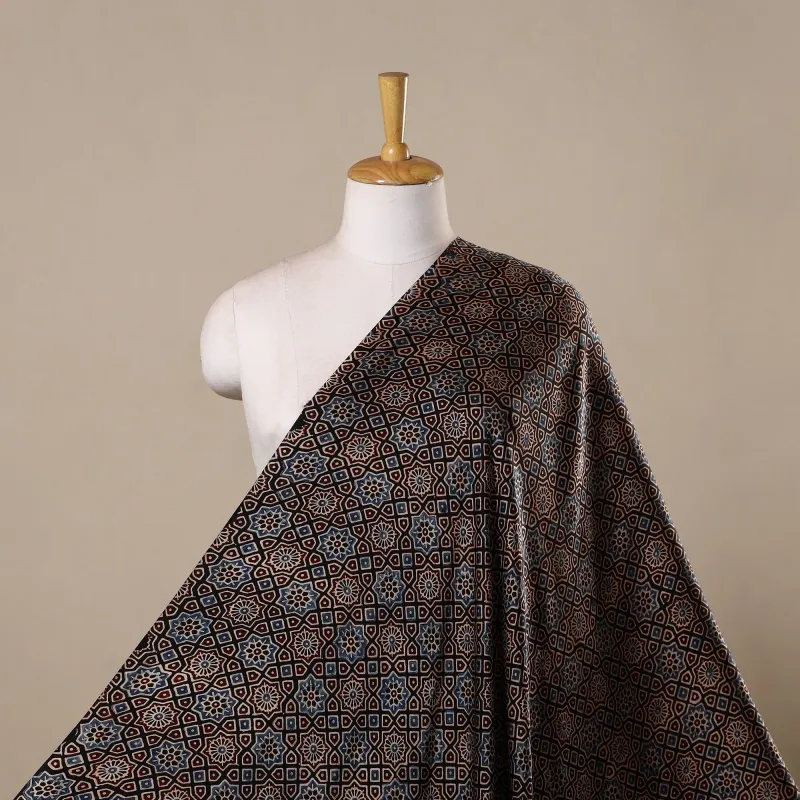 Black - Hand Block Print Natural Dyed Modal Silk Ajrakh Fabric 37 made by Itokri