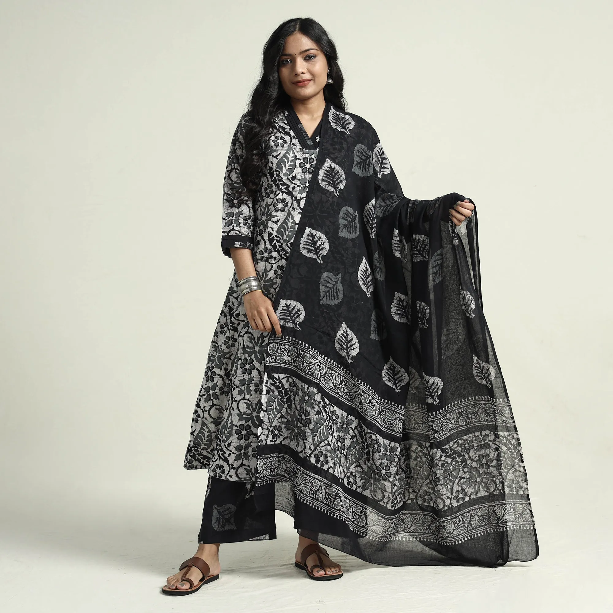 Black - Hand Batik Printed Cotton Kurta with Palazzo & Dupatta Set sold by Itokri product image thumbnail 3