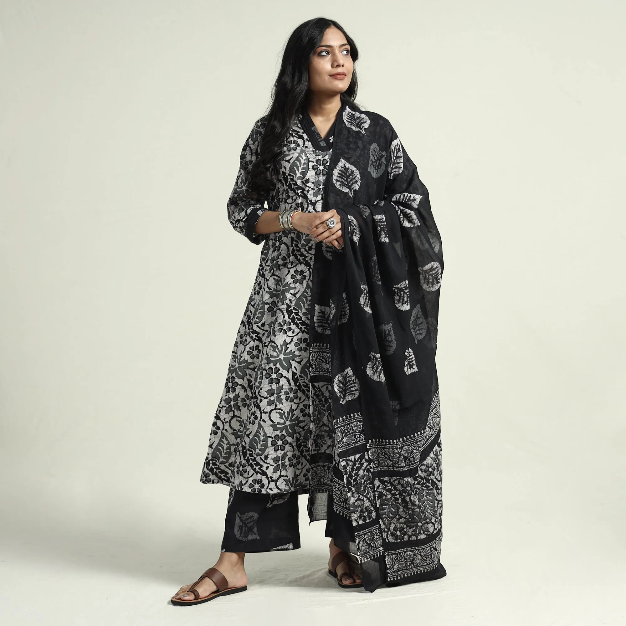 Black - Hand Batik Printed Cotton Kurta with Palazzo & Dupatta Set sold by Itokri