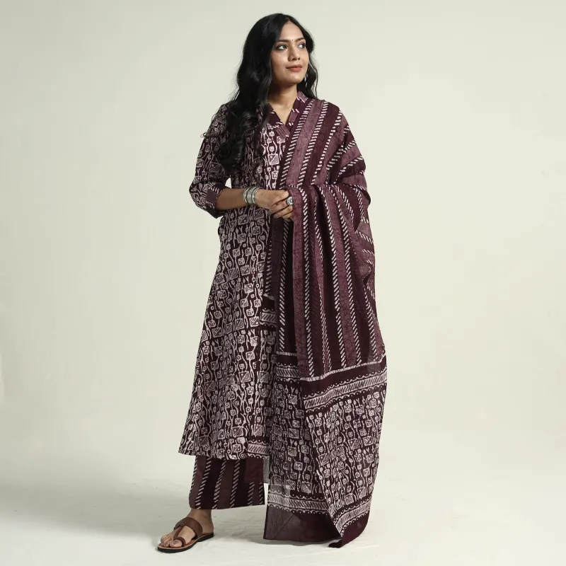 Purple - Hand Batik Printed Cotton Kurta with Palazzo & Dupatta Set sold by Itokri