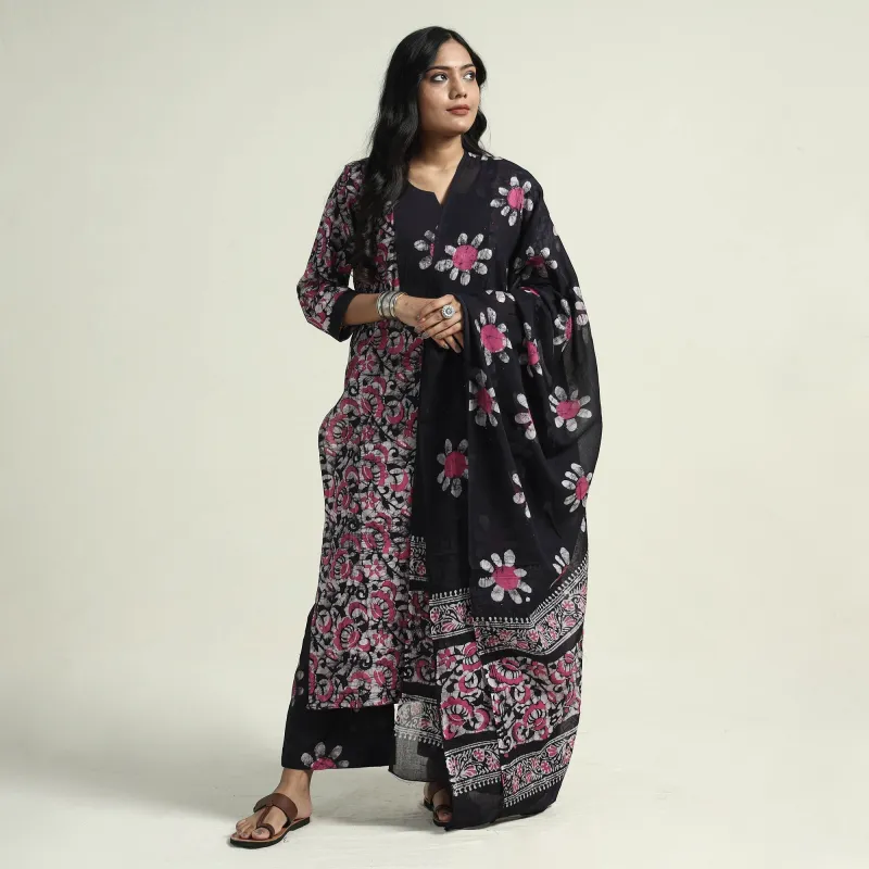 Pink - Hand Batik Printed Cotton Kurta with Palazzo & Dupatta Set sold by Itokri