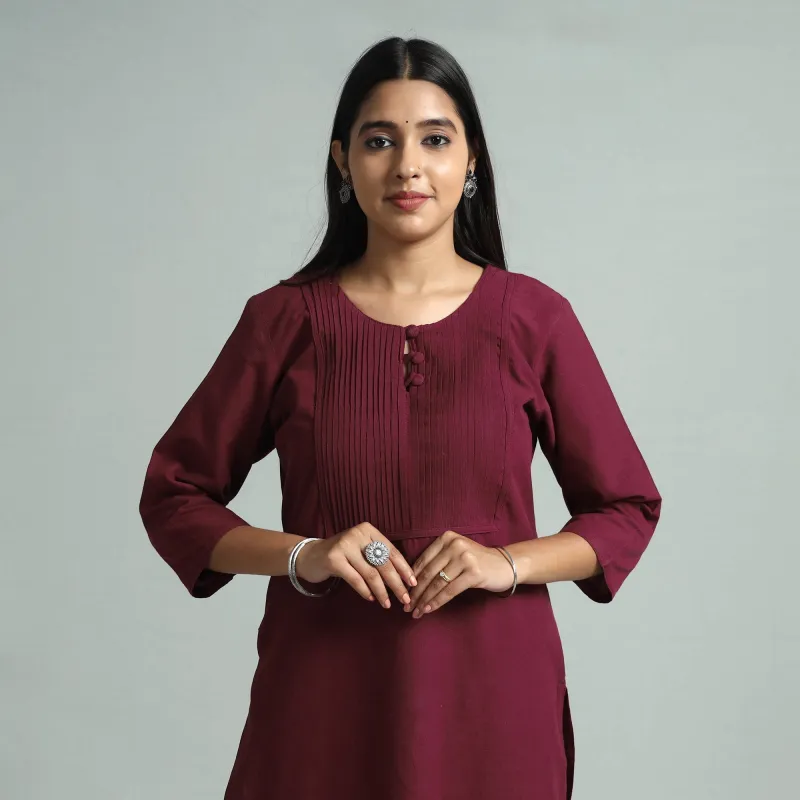 Maroon Jhiri Handloom Cotton Pintuck Long Kurta sold by Itokri