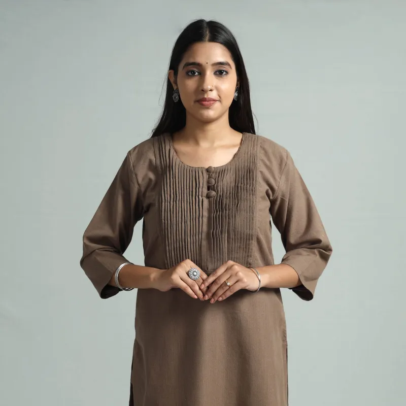 Light Brown - Jhiri Handloom Cotton Pintuck Long Straight Kurta made by Itokri