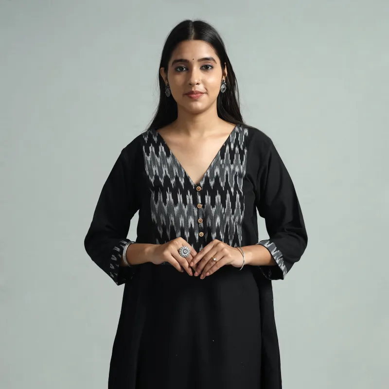 Black - Jhiri Handloom Cotton Ikat Patchwork Long Kurta sold by Itokri