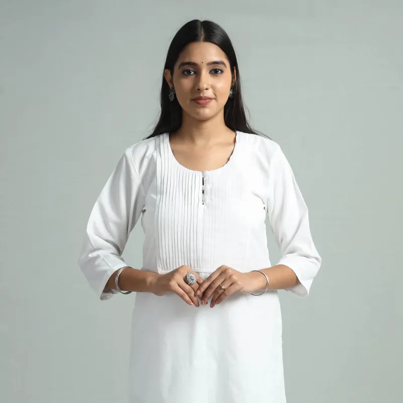 White - Jhiri Handloom Cotton Pintuck Long Kurta made by Itokri