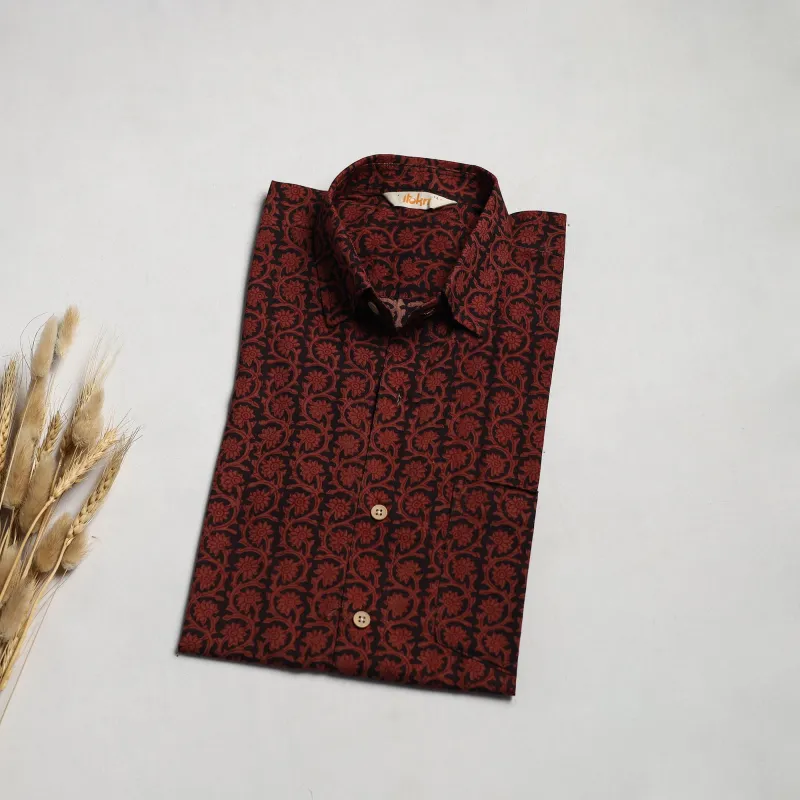 Red - Natural Dyed Cotton Men Half Sleeve Hand Block Bagh Print Shirt 09 made by Itokri