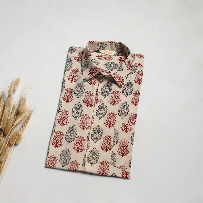 Beige - Natural Dyed Cotton Men Half Sleeve Hand Block Bagh Print Shirt 04 sold by Itokri