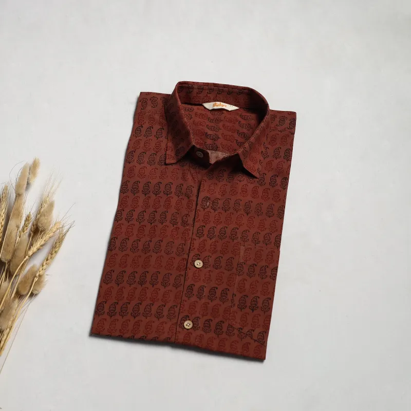 Brown - Natural Dyed Cotton Men Half Sleeve Hand Block Bagh Print Shirt 14 made by Itokri