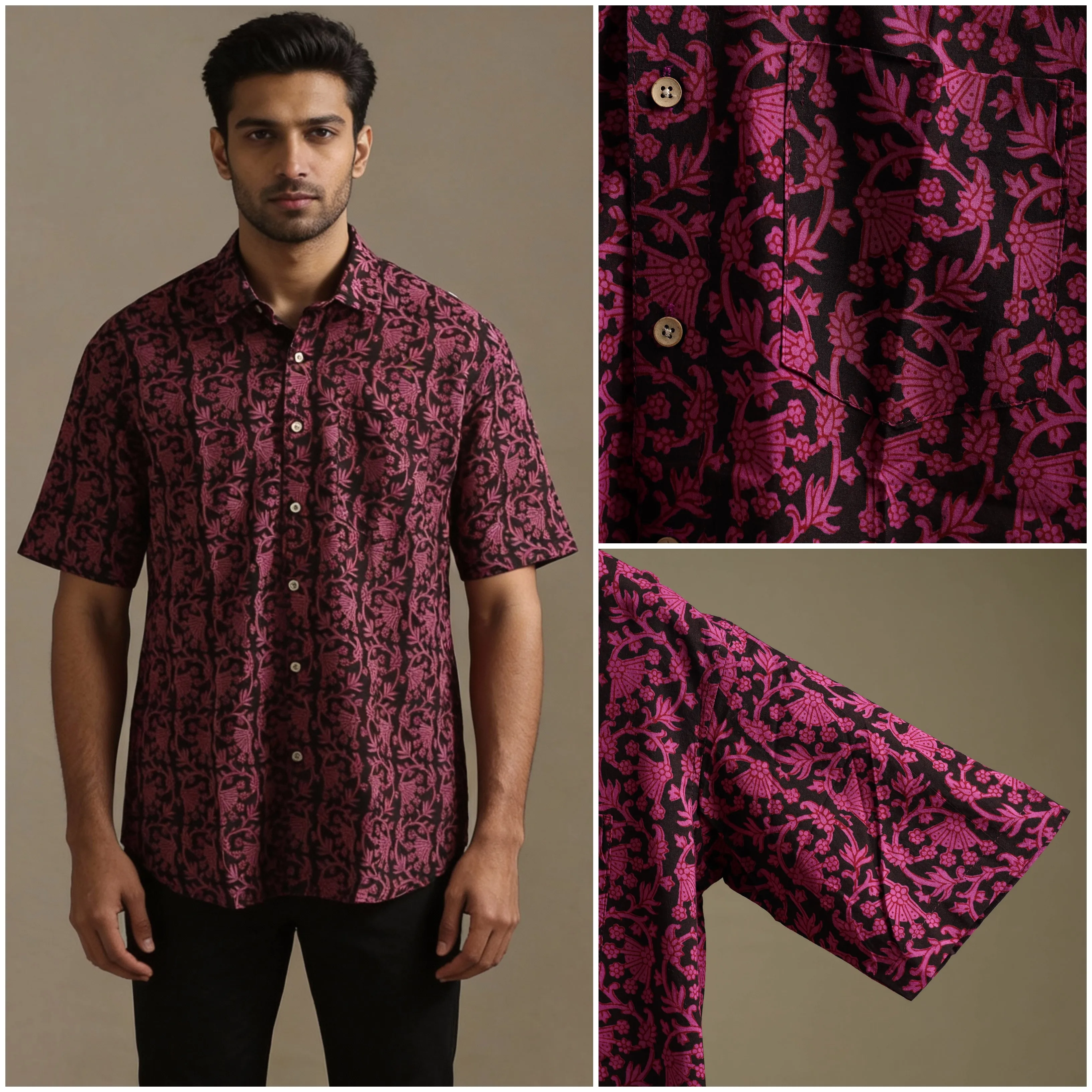 Pink - Natural Dyed Cotton Men Half Sleeve Hand Block Bagh Print Shirt 05 sold by Itokri product image thumbnail 2