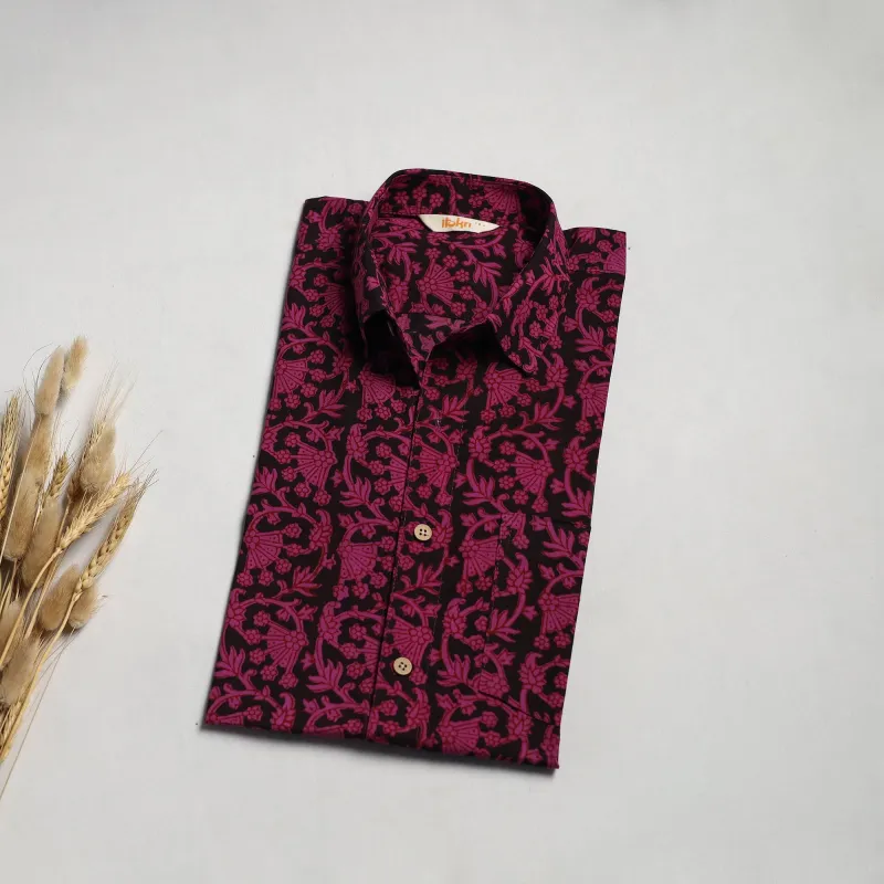 Pink - Natural Dyed Cotton Men Half Sleeve Hand Block Bagh Print Shirt 05 sold by Itokri