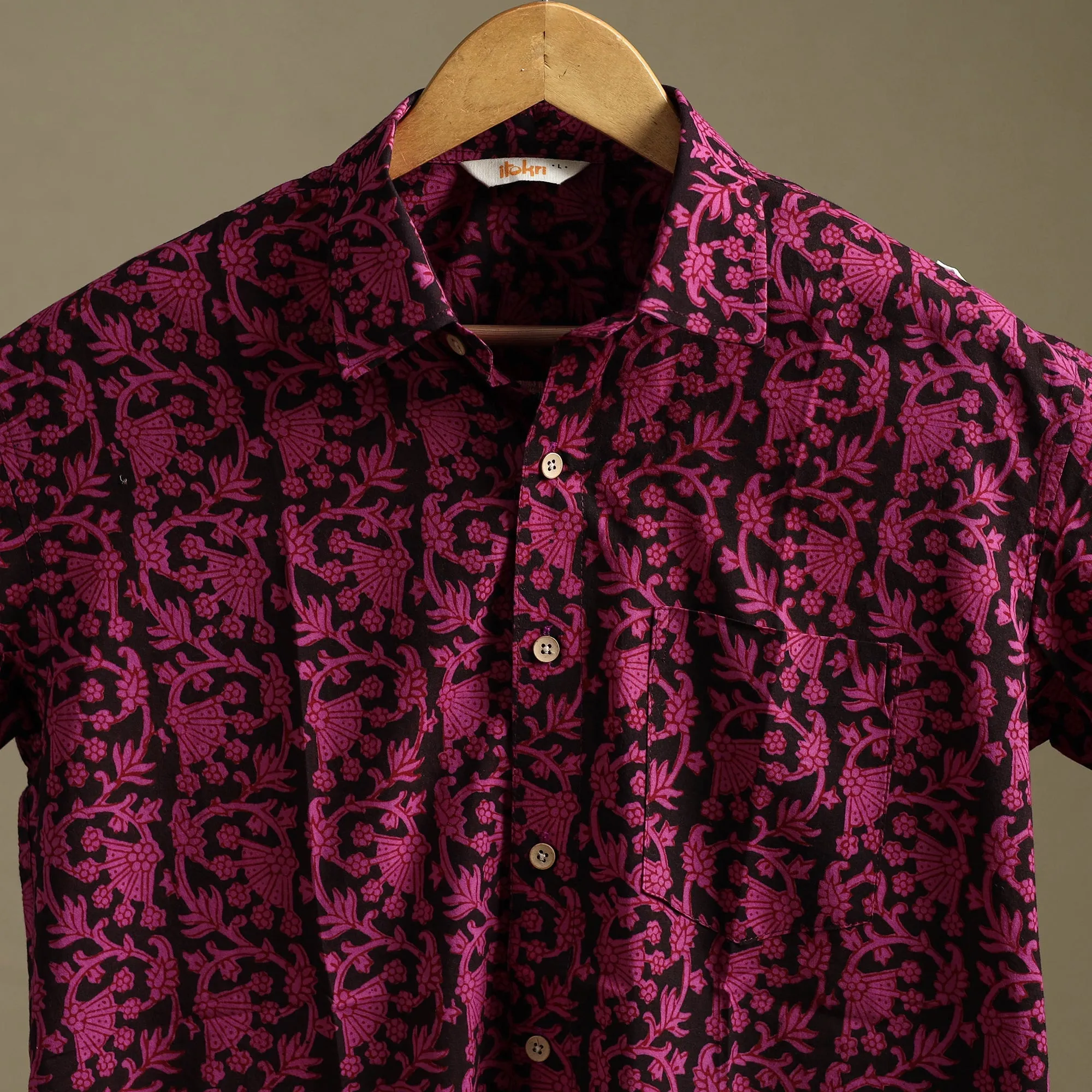 Pink - Natural Dyed Cotton Men Half Sleeve Hand Block Bagh Print Shirt 05 sold by Itokri product image thumbnail 4