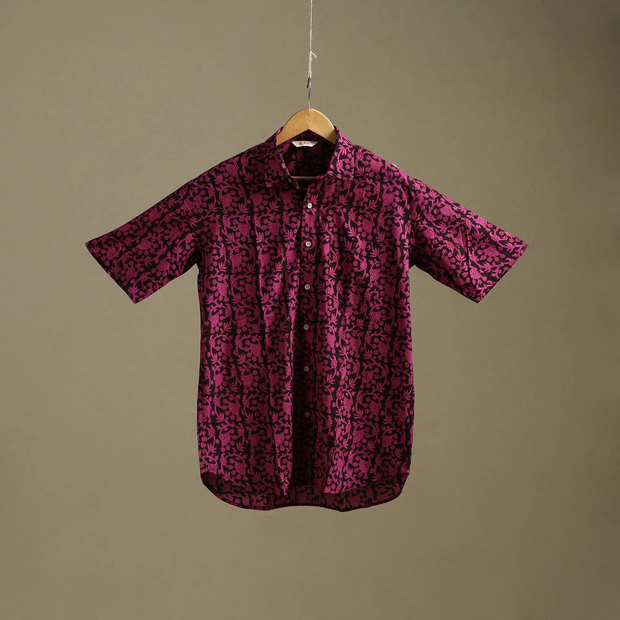 Pink - Natural Dyed Cotton Men Half Sleeve Hand Block Bagh Print Shirt 05 sold by Itokri product image thumbnail 3