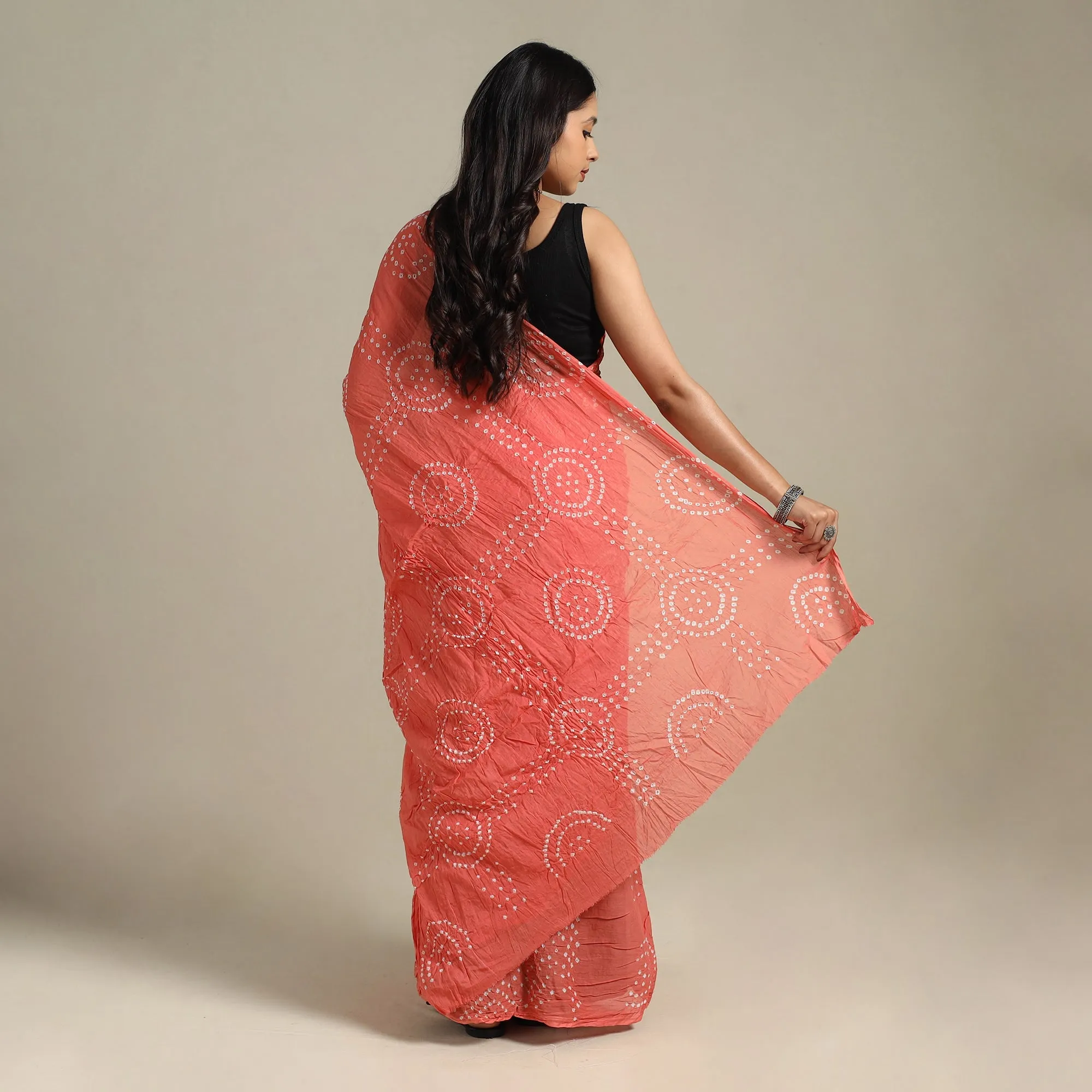 Peach - Kutch Tie-Dye Cotton Bandhani Saree 98 sold by Itokri product image thumbnail 4