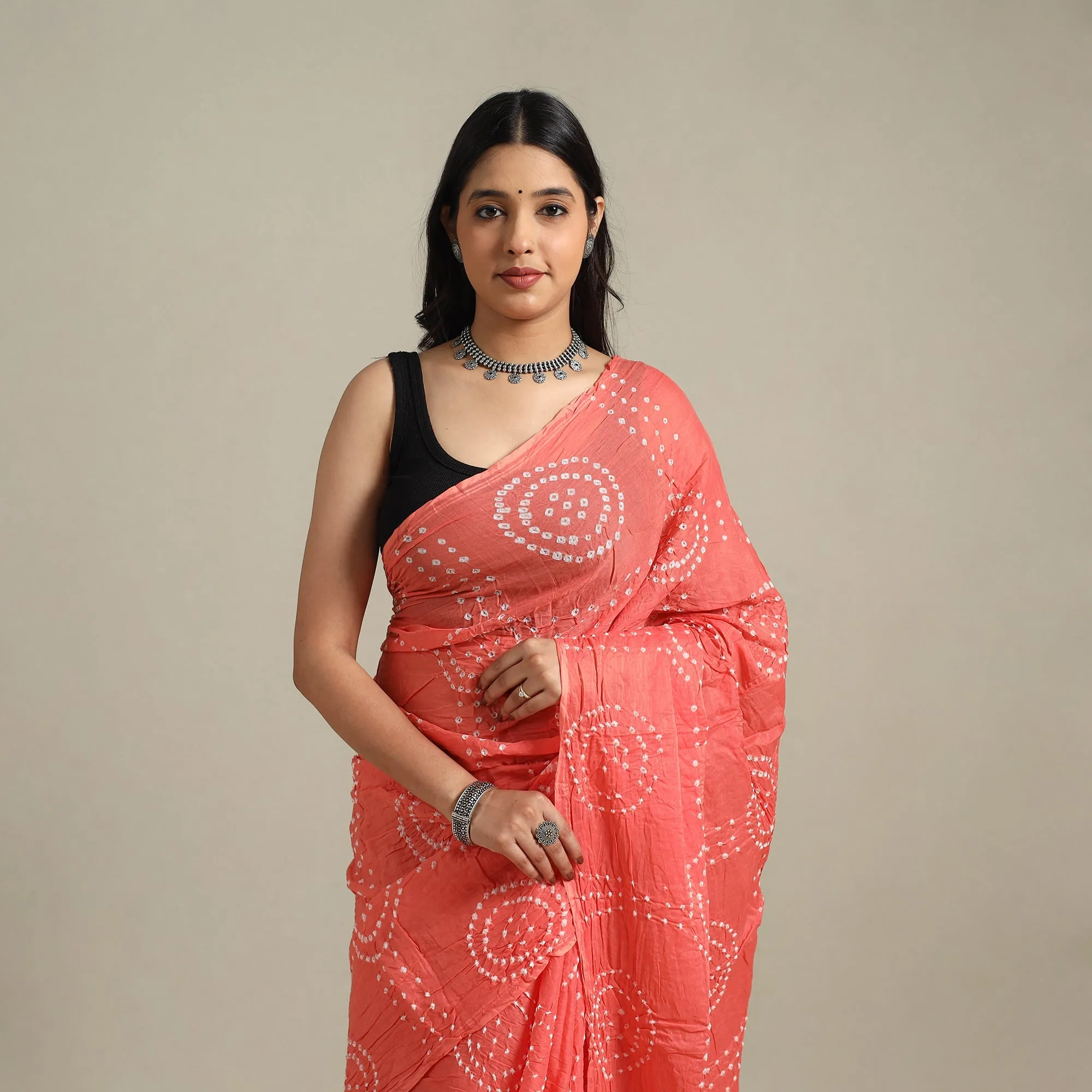 Peach - Kutch Tie-Dye Cotton Bandhani Saree 98 sold by Itokri product image thumbnail 3