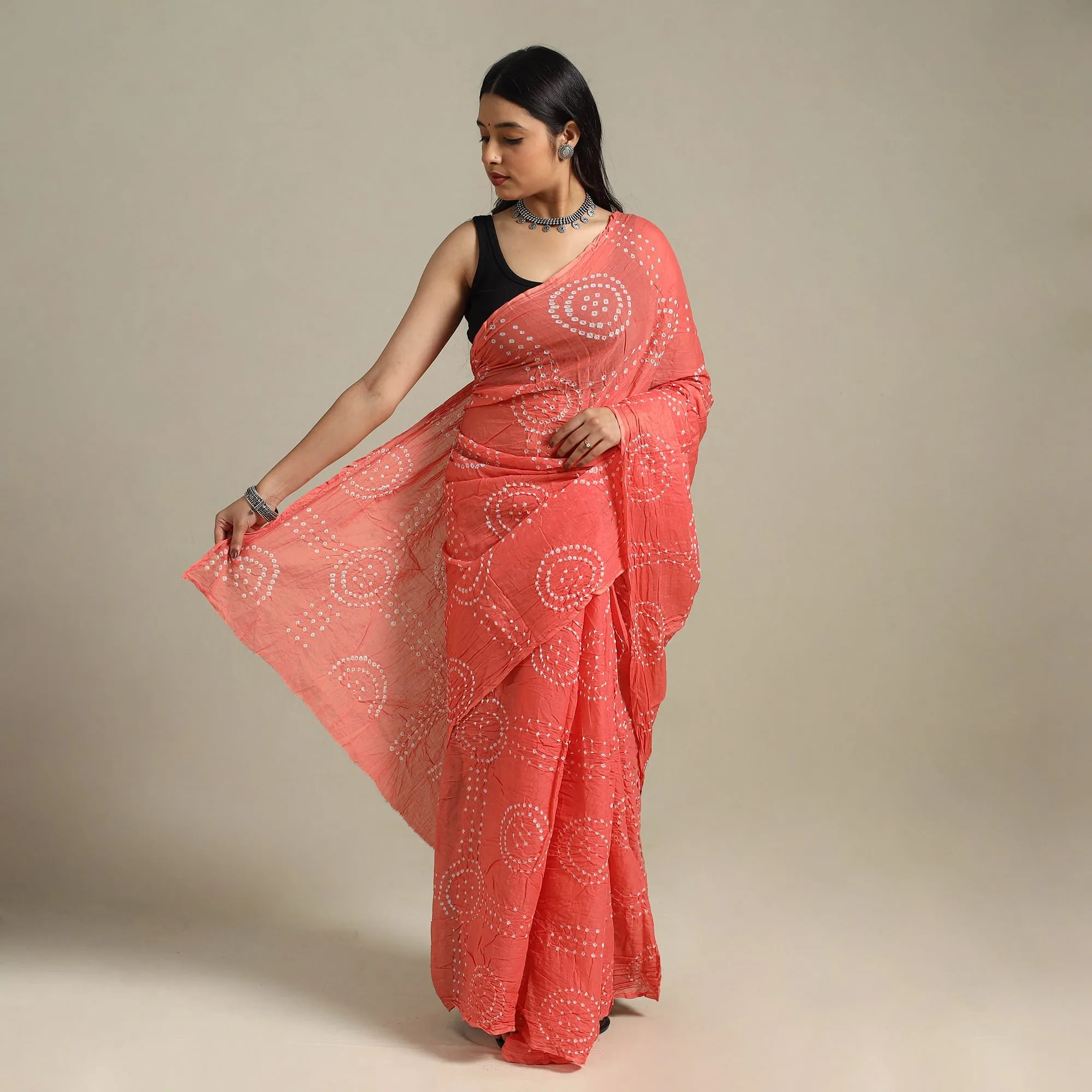 Peach - Kutch Tie-Dye Cotton Bandhani Saree 98 sold by Itokri product image thumbnail 2