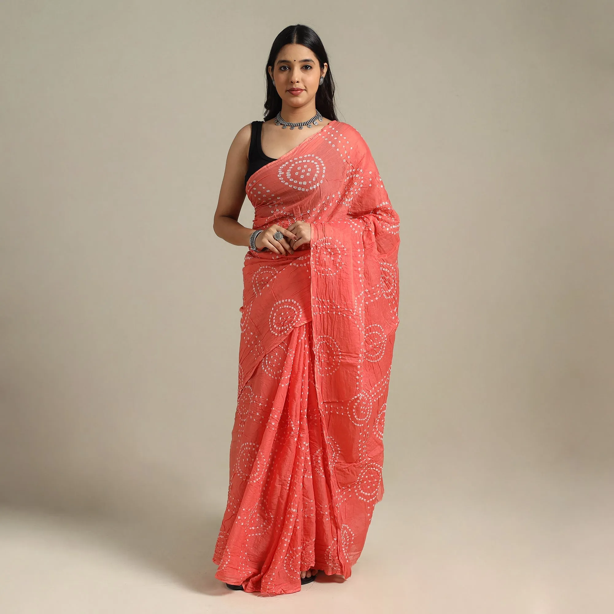 Peach - Kutch Tie-Dye Cotton Bandhani Saree 98 sold by Itokri