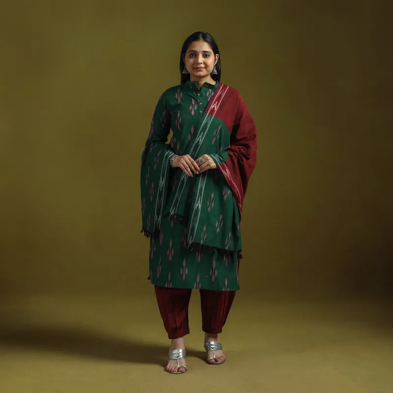 Green - Handloom Cotton Pochampally Ikat 3pc Kurta Set for women 04 sold by Itokri