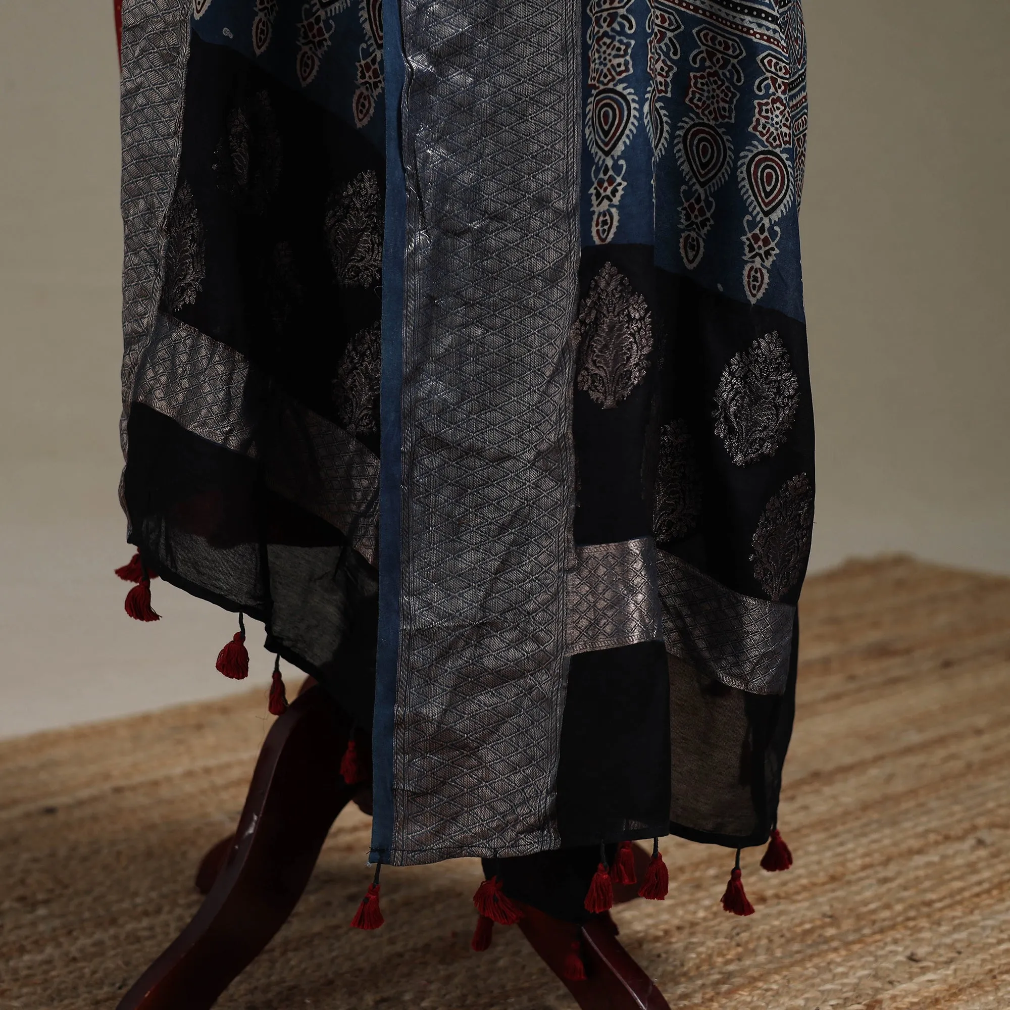 Blue - Hand Block Print Natural Dyed Dola Silk Ajrakh Dupatta with Zari Border 45 sold by Itokri product image thumbnail 4