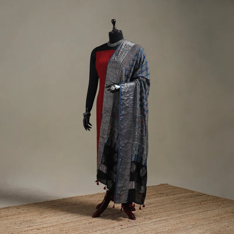 Blue - Hand Block Print Natural Dyed Dola Silk Ajrakh Dupatta with Zari Border 45 sold by Itokri