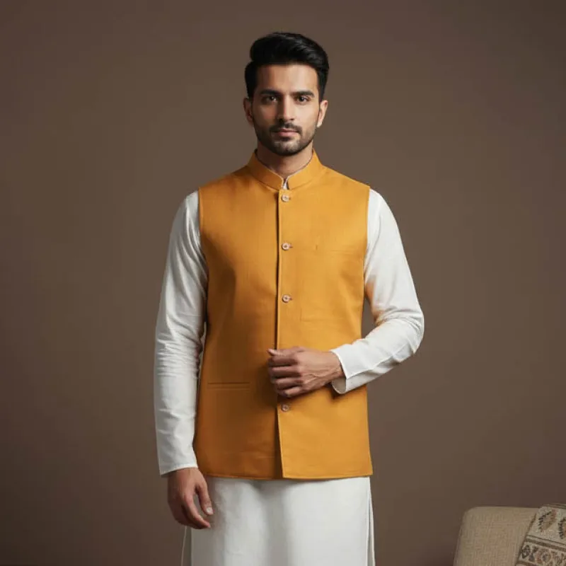 Yellow - Flex Cotton Men Plain Nehru Jacket 13 sold by Itokri