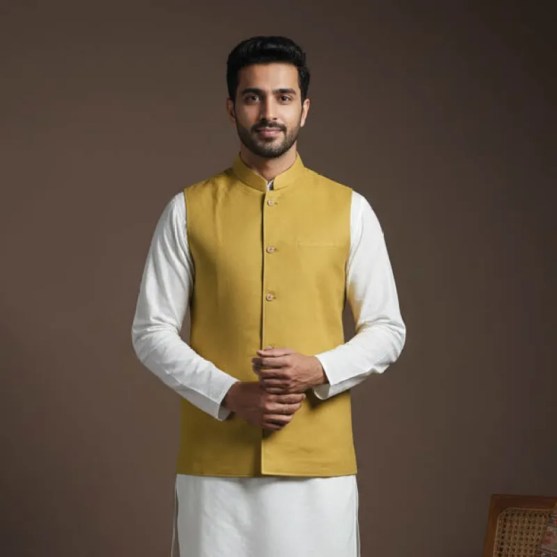 Yellow - Flex Cotton Men Plain Nehru Jacket 01 sold by Itokri