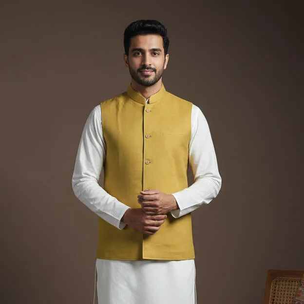 Yellow - Flex Cotton Men Plain Nehru Jacket 01 sold by Itokri