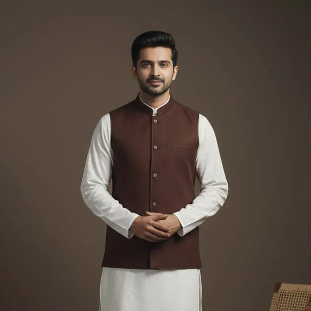 Brown - Flex Cotton Men Plain Nehru Jacket 02 sold by Itokri