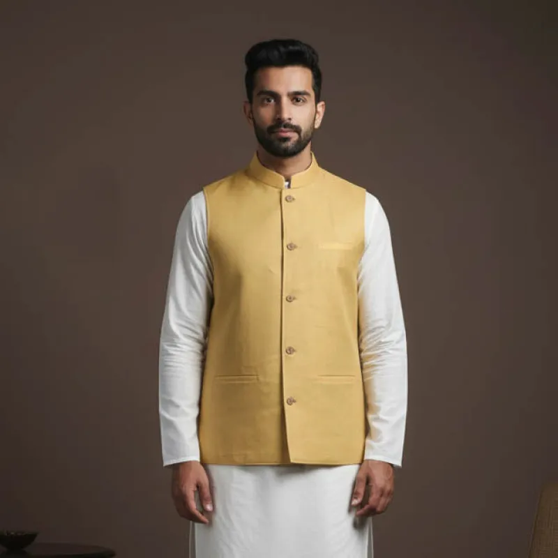 Yellow - Flex Cotton Men Plain Nehru Jacket 08 sold by Itokri