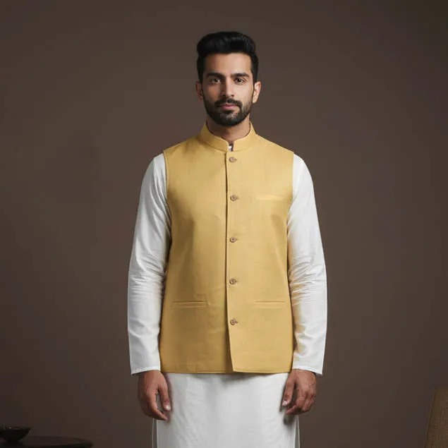 Yellow - Flex Cotton Men Plain Nehru Jacket 08 sold by Itokri