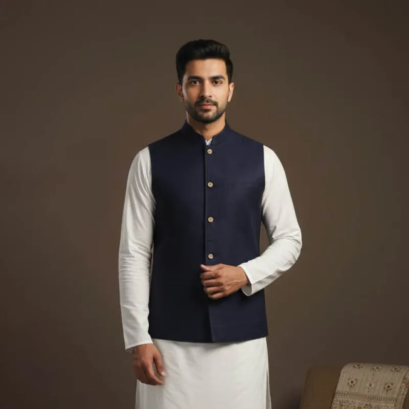 Blue - Flex Cotton Men Plain Nehru Jacket 03 sold by Itokri