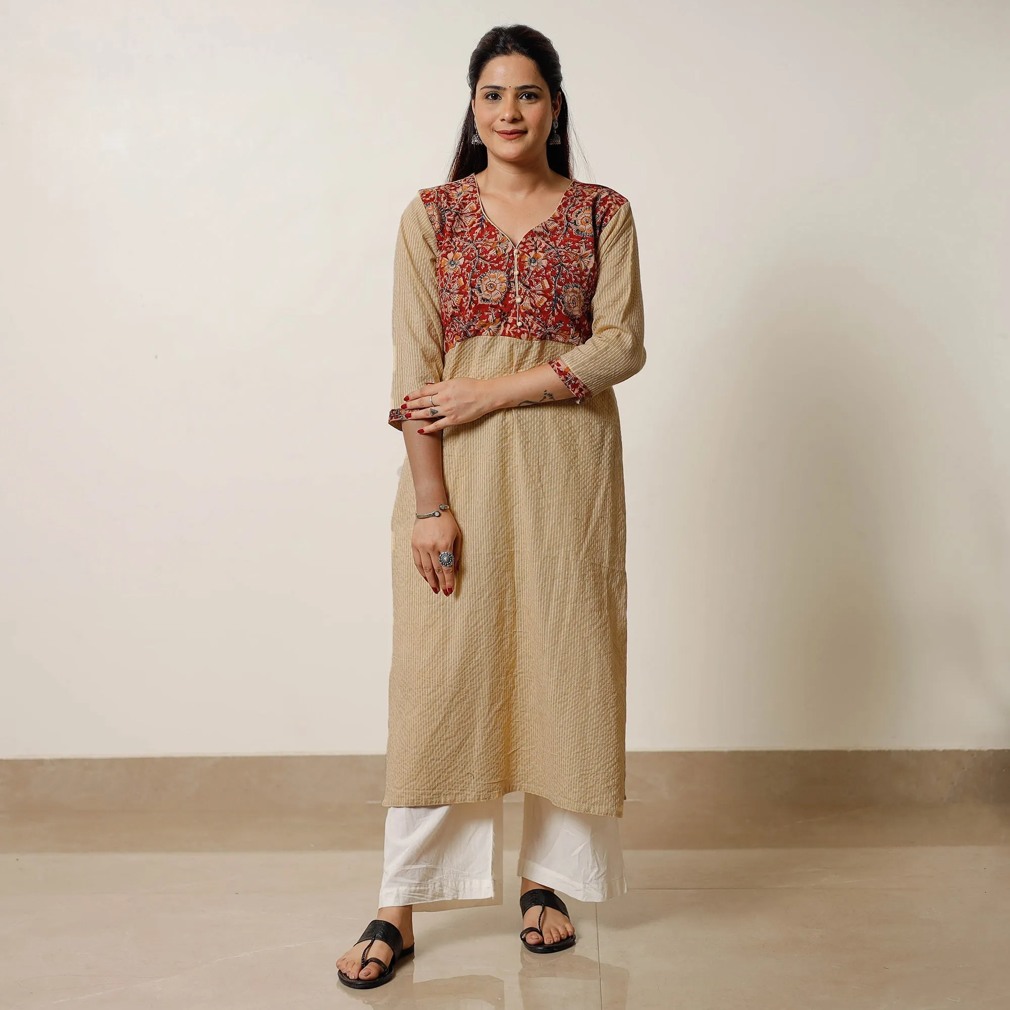 Brown - Running Stitch Cotton Straight Kurta with Kalamkari Patchwork 11 sold by Itokri product image thumbnail 3
