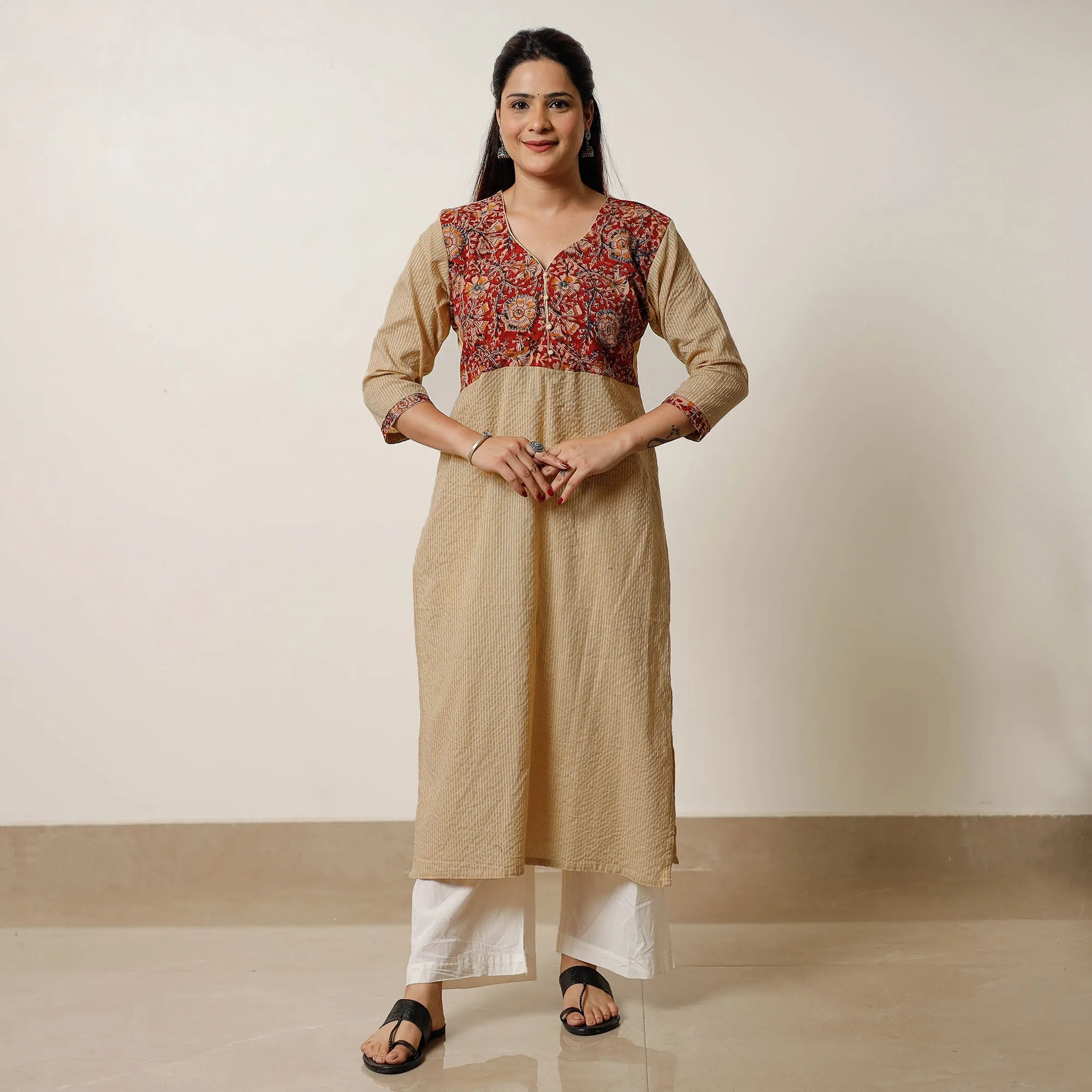 Brown - Running Stitch Cotton Straight Kurta with Kalamkari Patchwork 11 sold by Itokri product image thumbnail 2