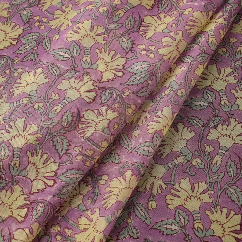 Purple - Handloom Chanderi Silk Hand Block Sanganeri Print Fabric 13 made by Itokri